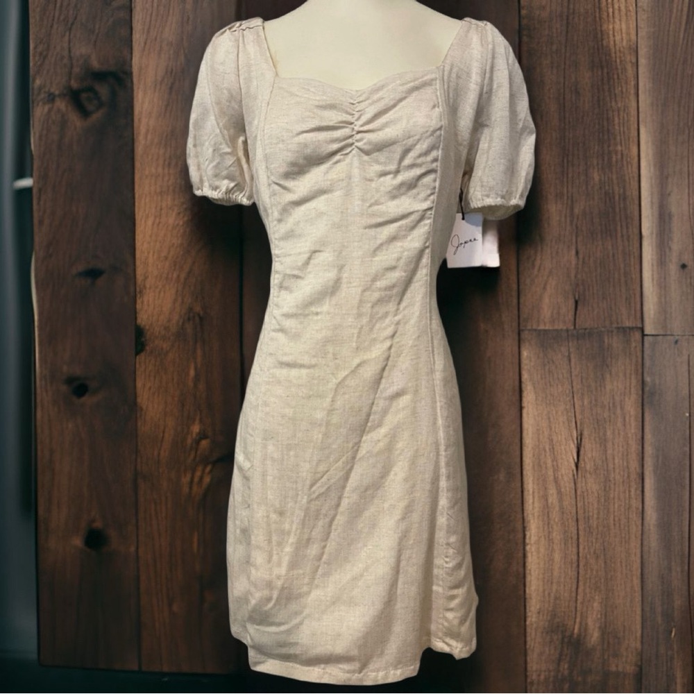 NWT Japna linen lined open back bow fitted puffed sleeve Queen Anne neckline